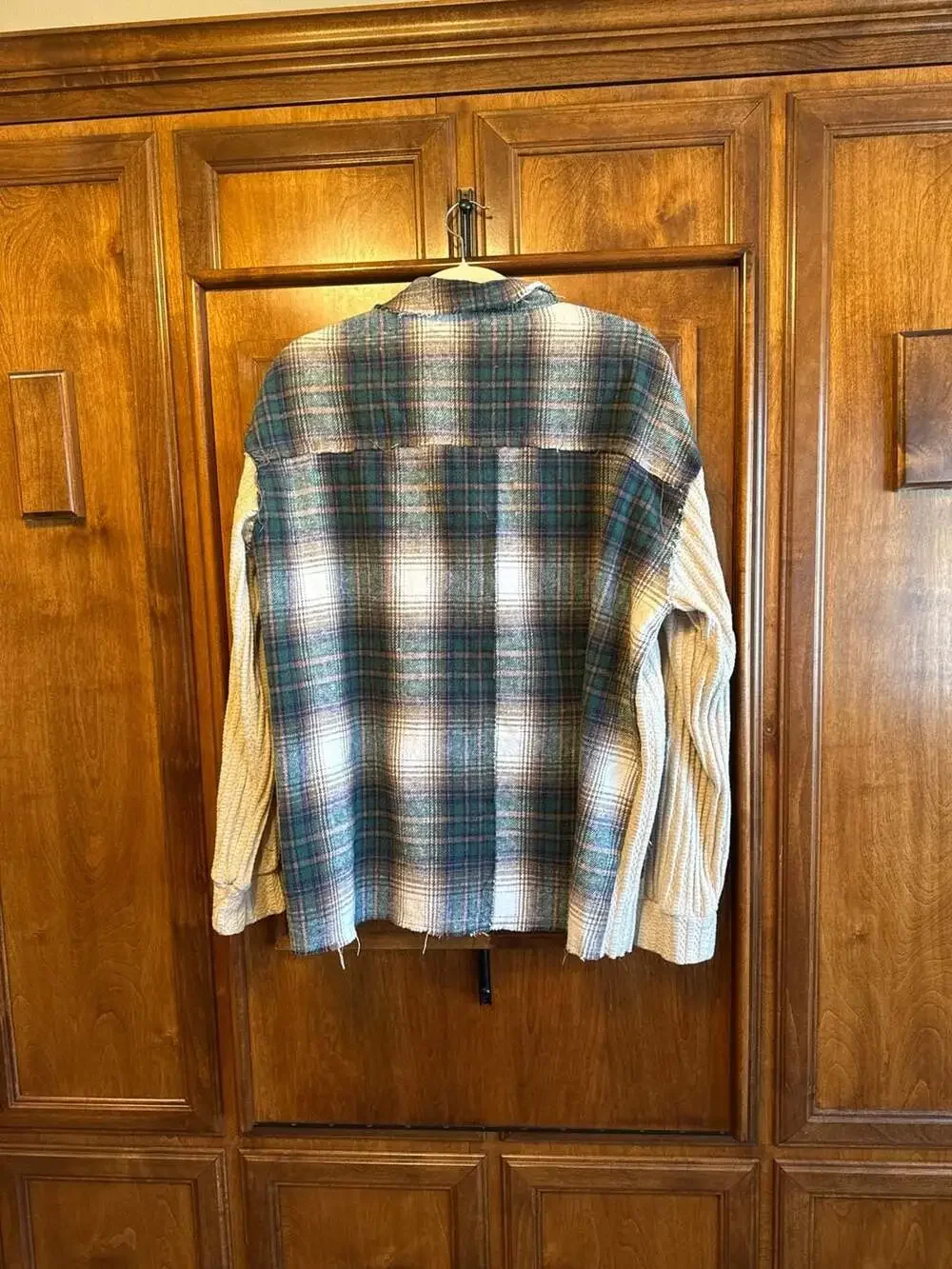 POL Plaid Patchwork Corduroy Accent Shacket Jacket